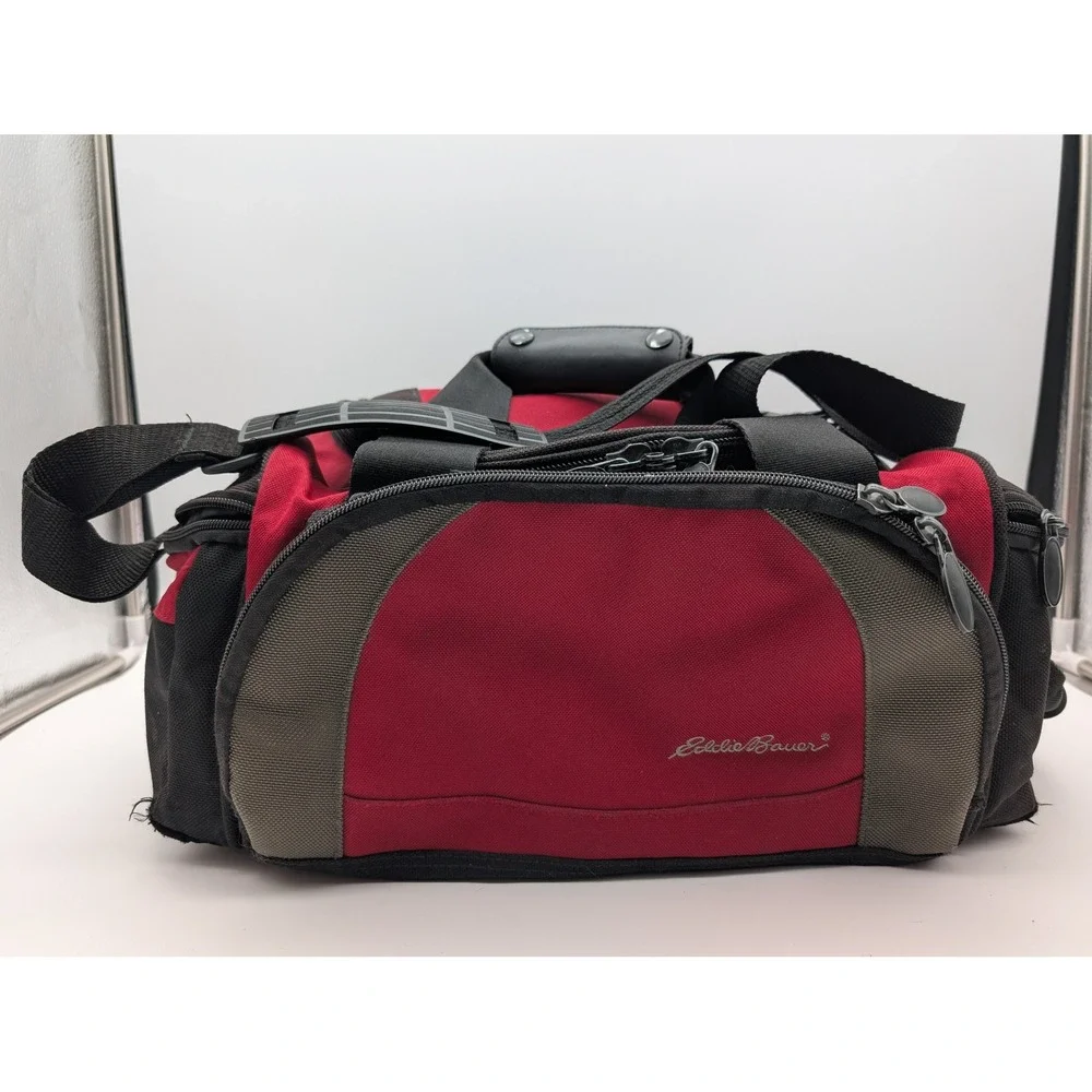 Eddie Bauer Small Canvas Duffel Bag Red Black Travel Gym Carry On Shoulder Strap